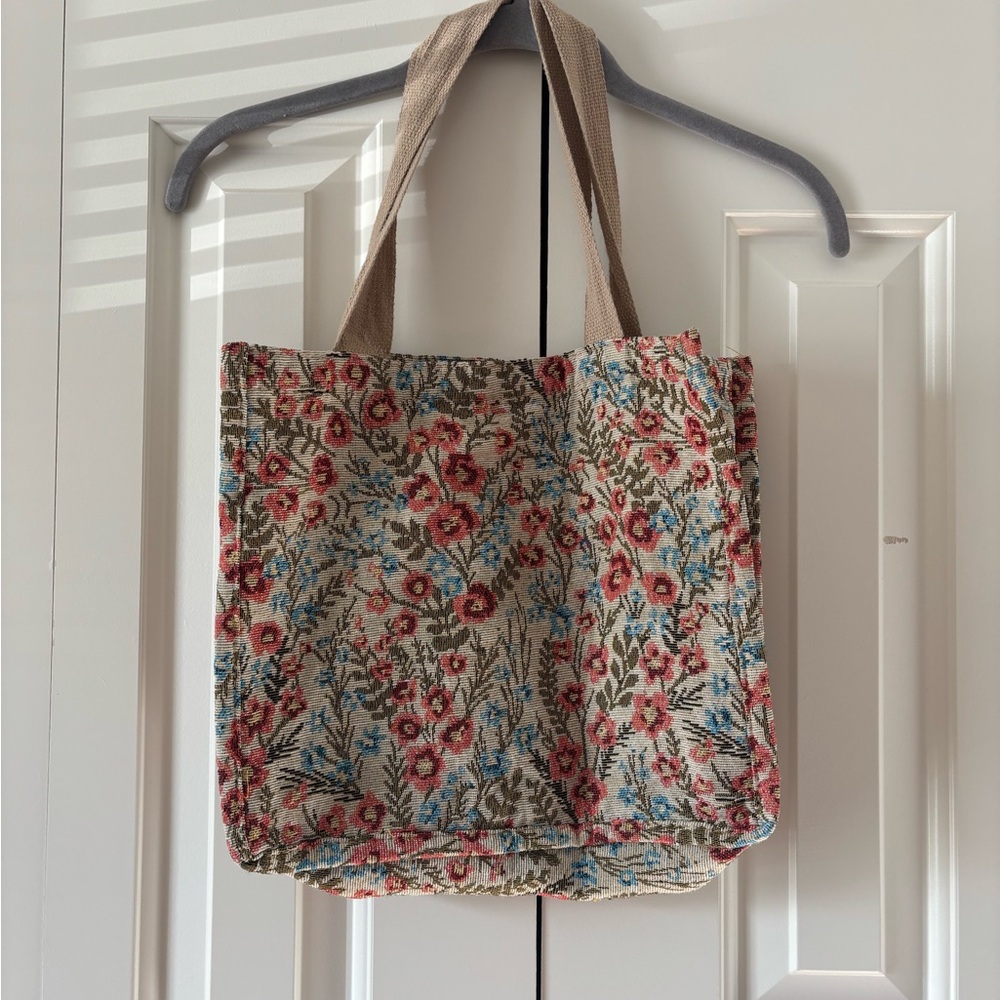 Floral Canvas Tote Bag in Beige with Pink and Blue Accents - Picture 2 of 6